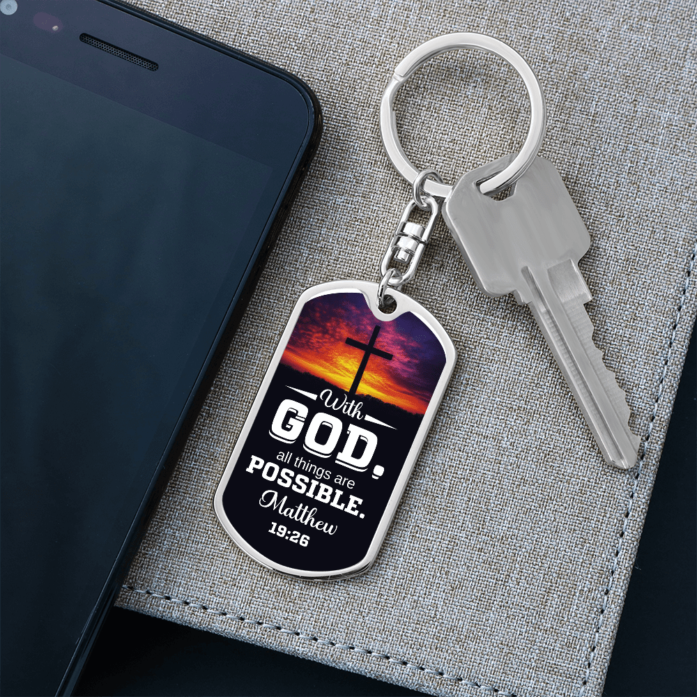 Matthew 19:26 - With GOD All Things Are Possible - Personalize - Dog Tag Keychain - The Shoppers Outlet