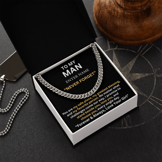 TO MY MAN - NEVER FORGET - PERSONALIZED CARD - CUBAN LINK CHAIN NECKLACES - The Shoppers Outlet