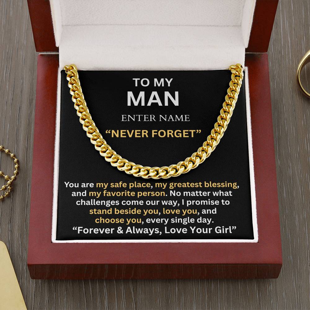 TO MY MAN - NEVER FORGET - PERSONALIZED CARD - CUBAN LINK CHAIN NECKLACES - The Shoppers Outlet