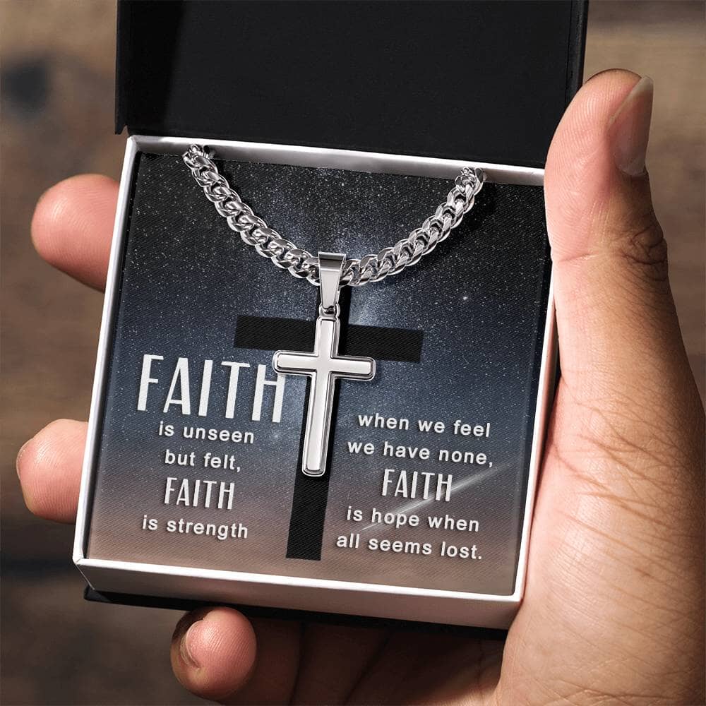 Faith - Faith Is Hope When All Is Lost - Cuban Chain With Artisan Cross Necklace - Personalization Option - The Shoppers Outlet