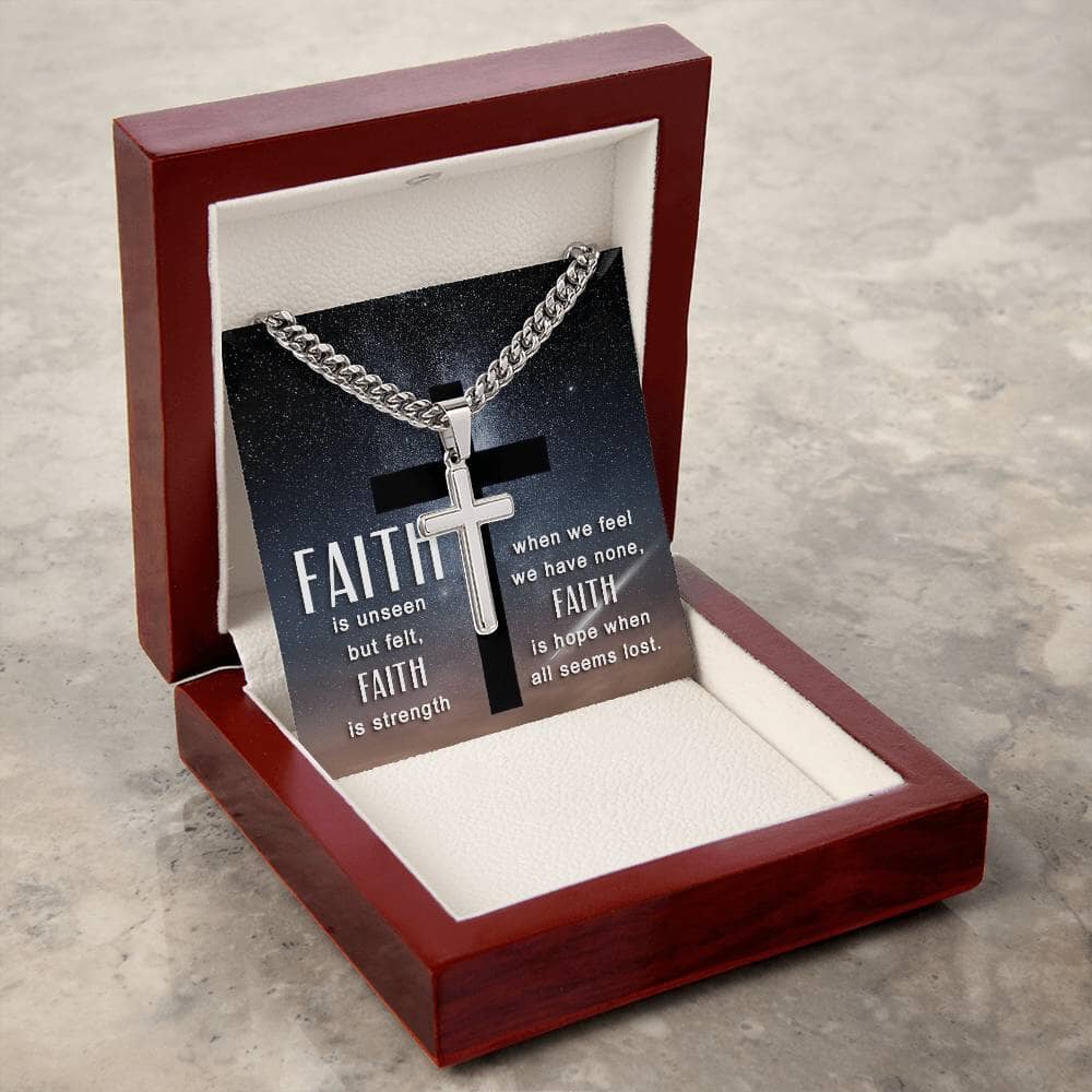 Faith - Faith Is Hope When All Is Lost - Cuban Chain With Artisan Cross Necklace - Personalization Option - The Shoppers Outlet