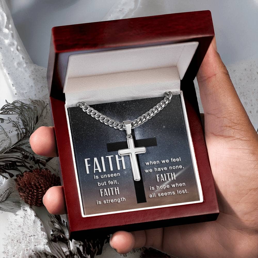 Faith - Faith Is Hope When All Is Lost - Cuban Chain With Artisan Cross Necklace - Personalization Option - The Shoppers Outlet