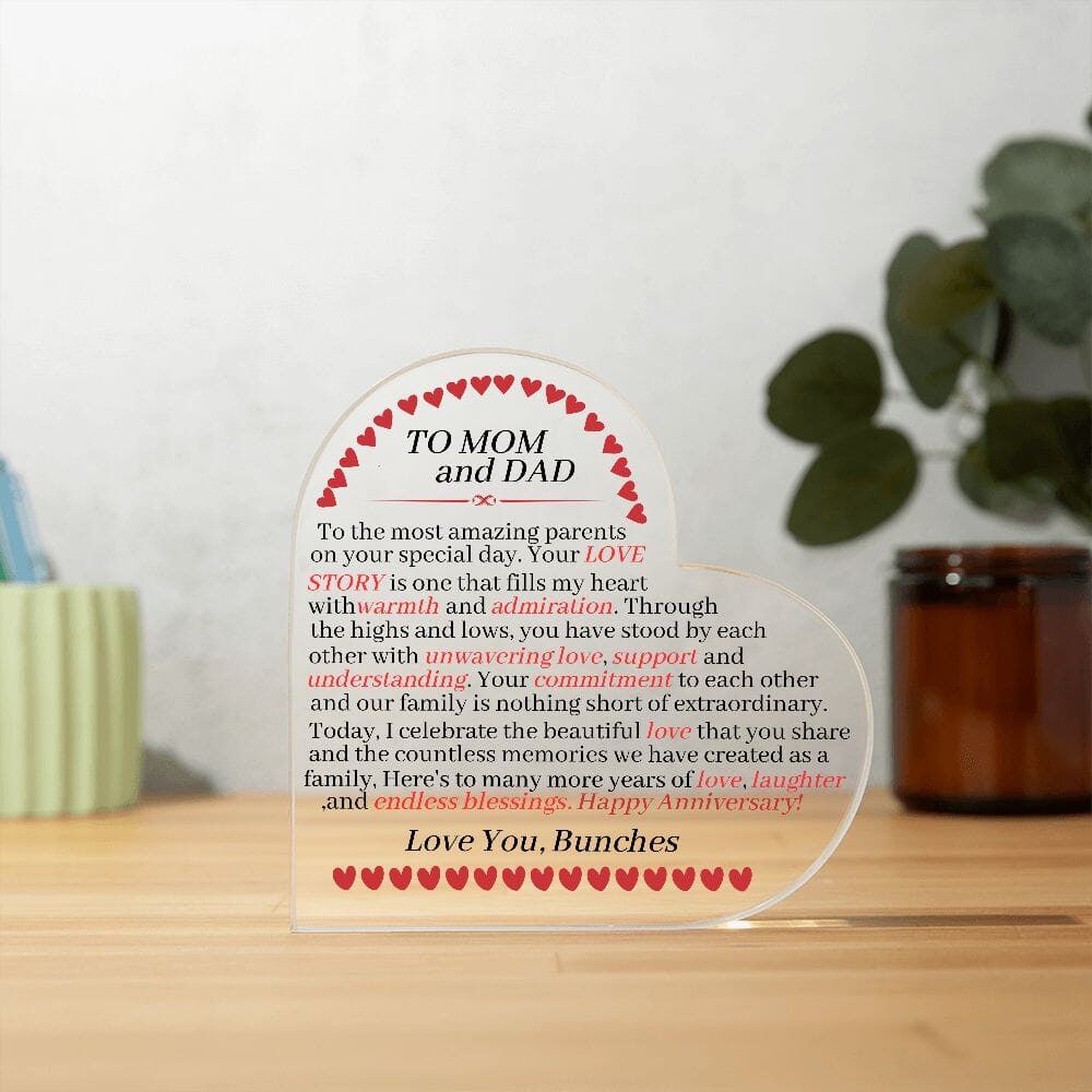 Gift For Mom & Dad - Happy Anniversary - Gift For Mom and Dad - Heart Acrylic Plaque - The Shoppers Outlet