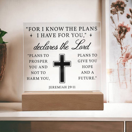 Faith - For I Know The Plans I Have For You - Jeremiah 29:11 - Night Light - Square Acrylic Plaque - The Shoppers Outlet