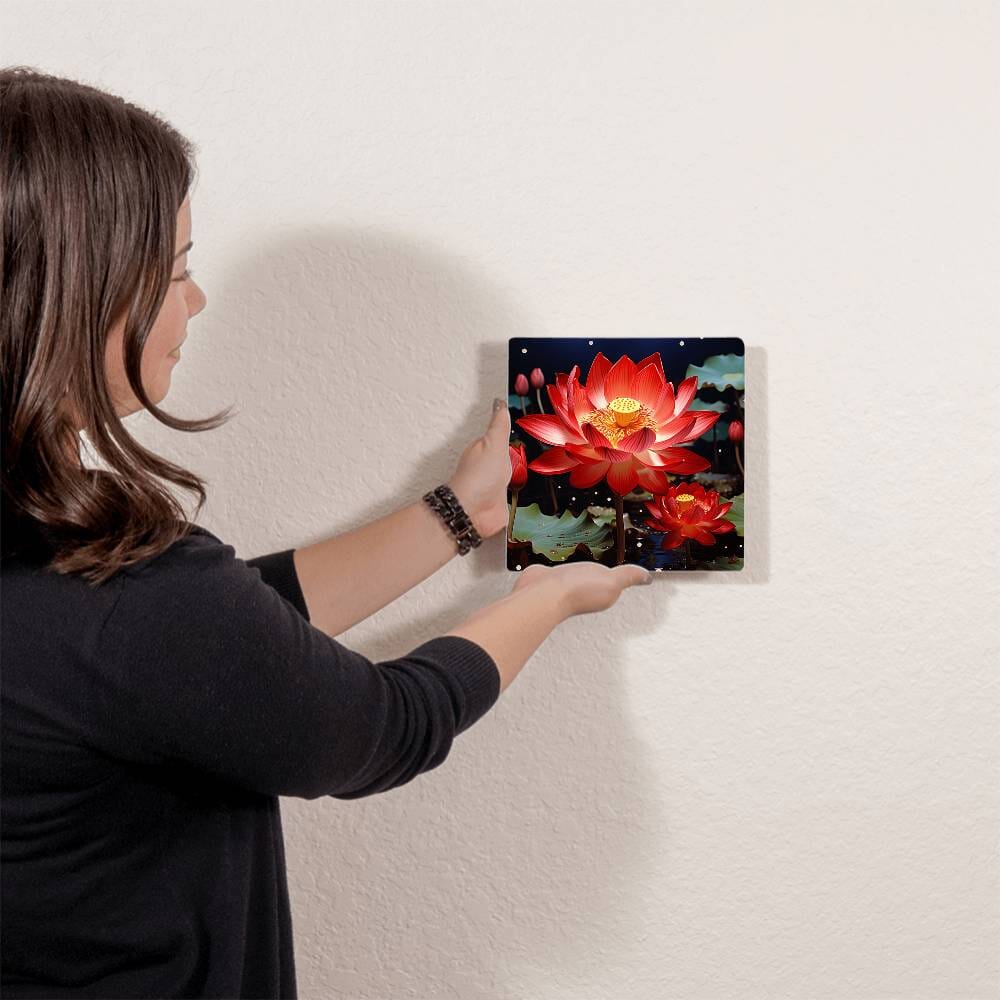 Flowers - Red Lotus Plant - High Gloss Metal Art Prints - The Shoppers Outlet