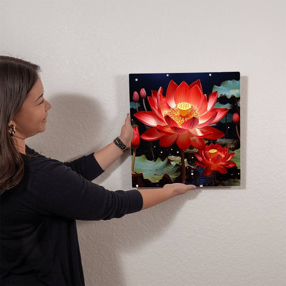 Flowers - Red Lotus Plant - High Gloss Metal Art Prints - The Shoppers Outlet