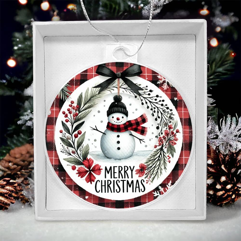 Holiday Ornament - Snowman Wreath Merry Christmas - Personalized Acrylic Ornament - The Shoppers Outlet