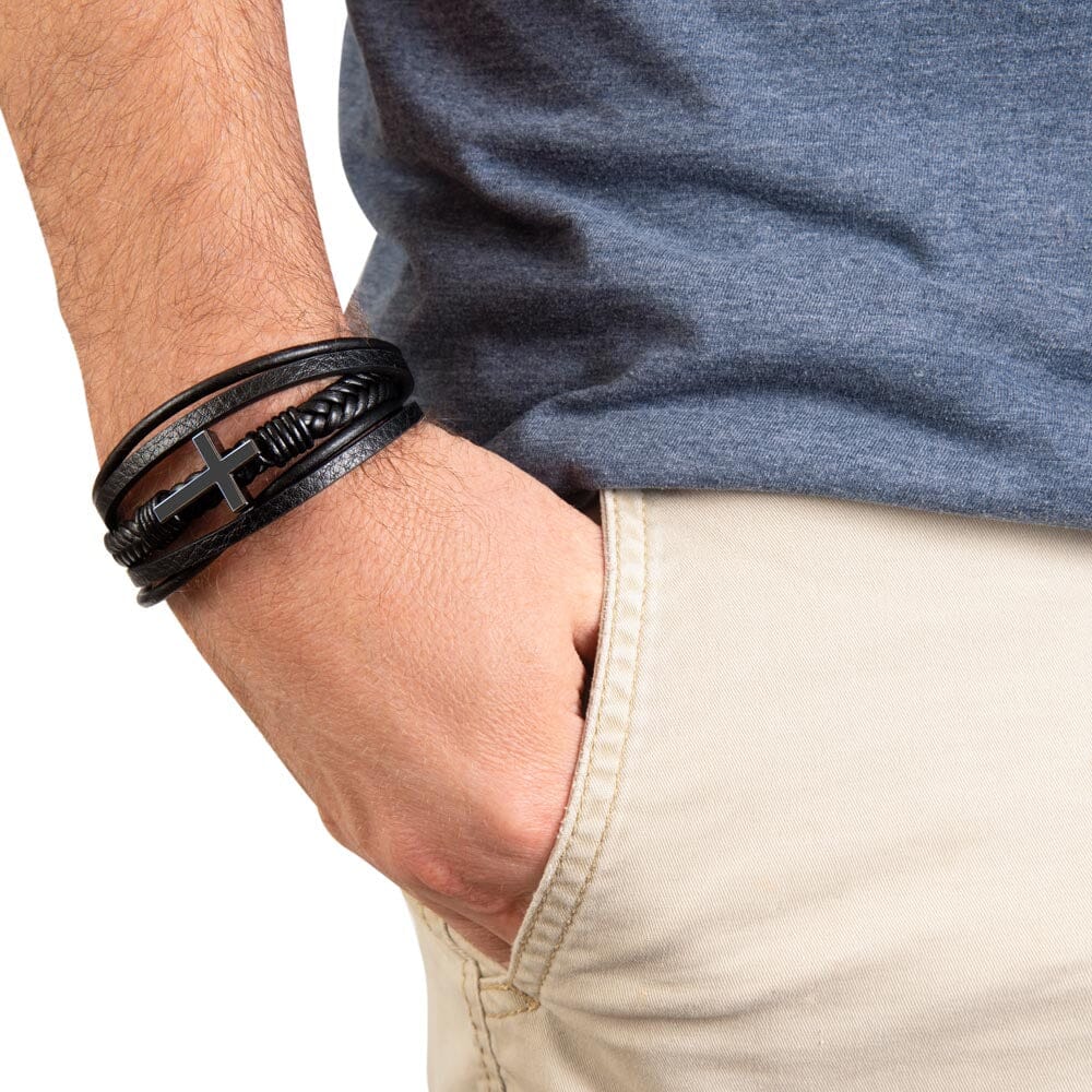 Gift For Dad - Faith - Thank You Dad - Men's Cross Leather Bracelet - The Shoppers Outlet