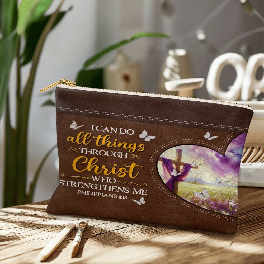 Faith - I Can Do All Things Through Christ Who Strengthens Me - Philippians 4:13 - Large Fabric Zippered Pouch - The Shoppers Outlet