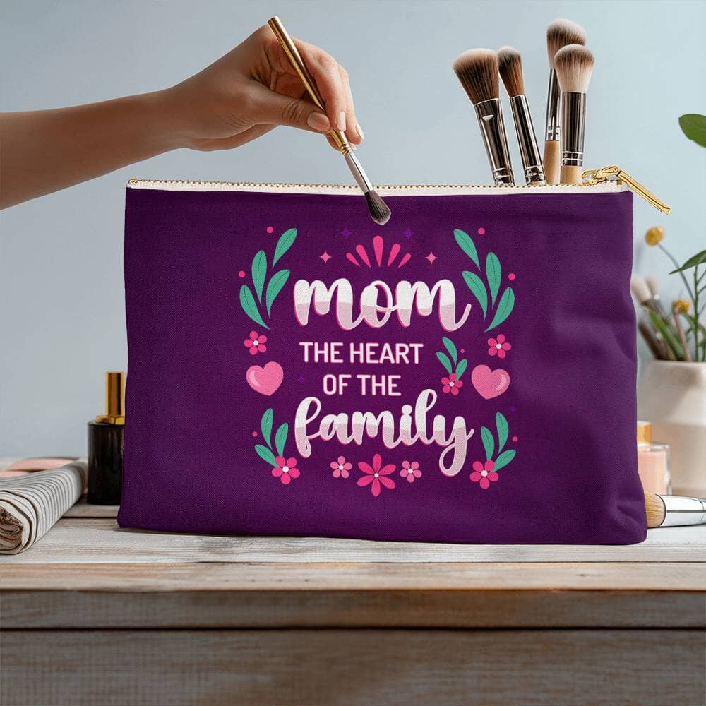 Mom - The Heart Of The Family - Large Fabric Zippered Pouch - The Shoppers Outlet