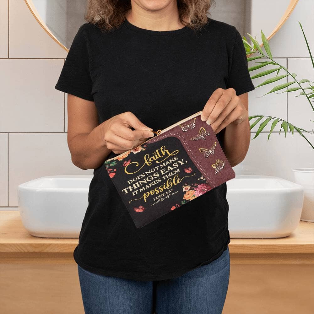 Faith - Faith Does Not Make Things Easy It Makes Them Possible - Luke 1:37 - Small Fabric Zippered Pouch - The Shoppers Outlet