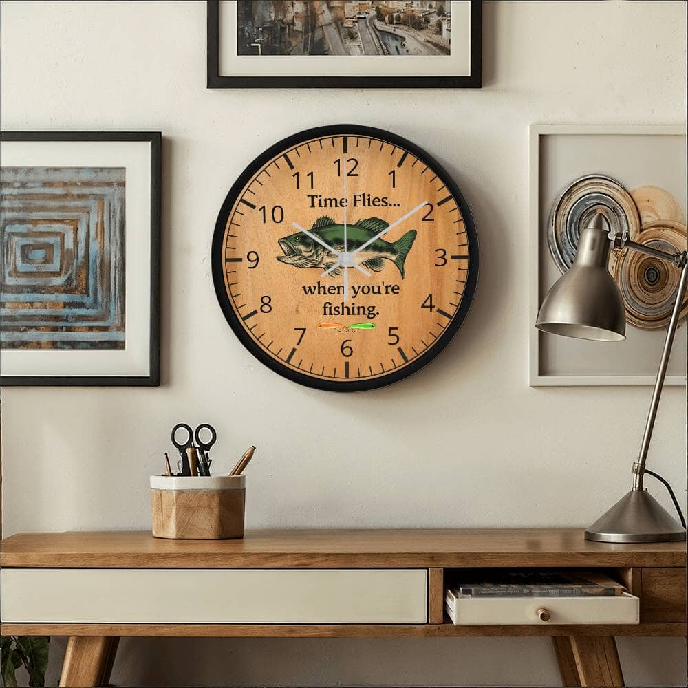 Time Flies When You're Fishing - Wood Frame Wall Clock - The Shoppers Outlet