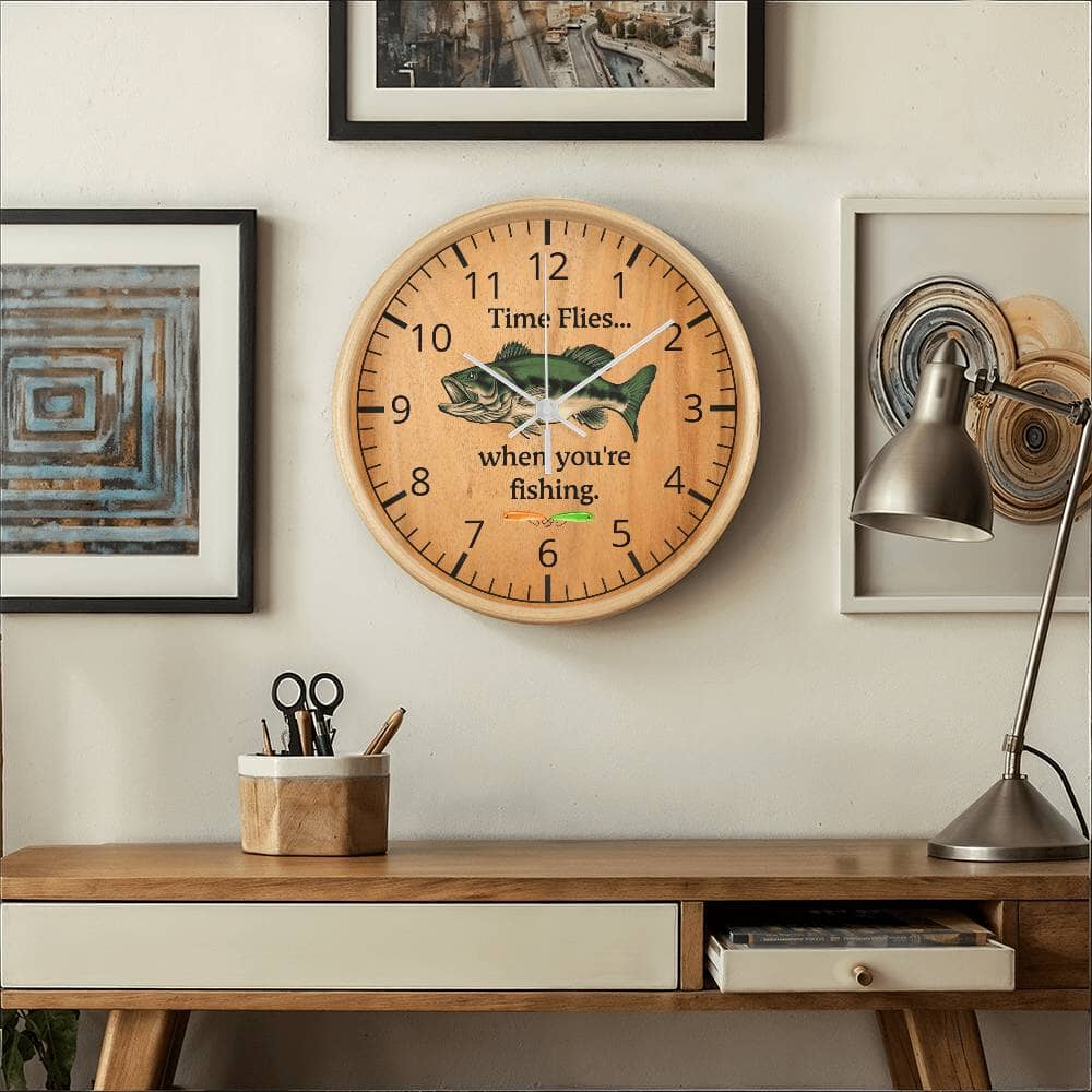 Time Flies When You're Fishing - Wood Frame Wall Clock - The Shoppers Outlet
