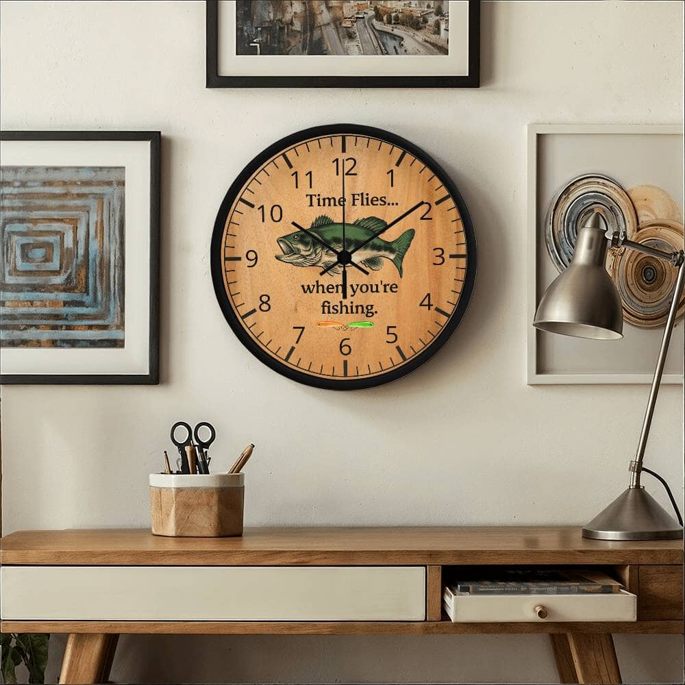 Time Flies When You're Fishing - Wood Frame Wall Clock - The Shoppers Outlet