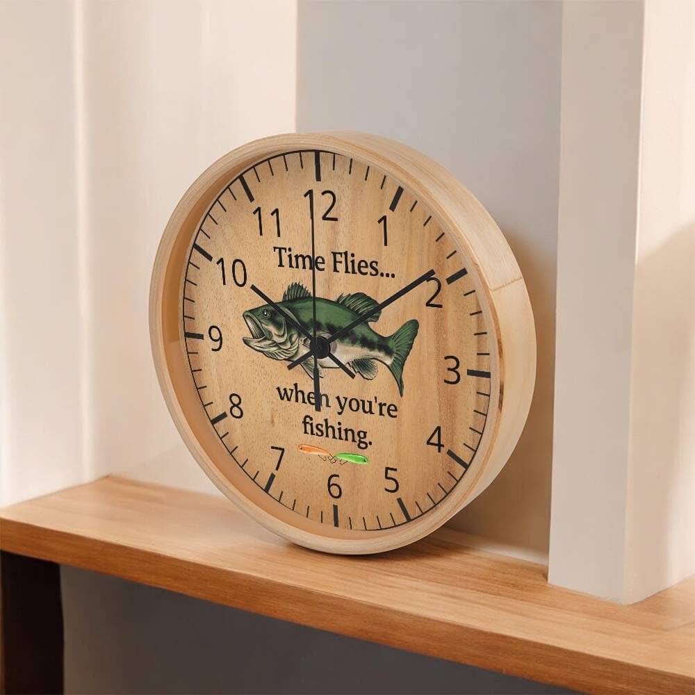 Time Flies When You're Fishing - Wood Frame Wall Clock - The Shoppers Outlet