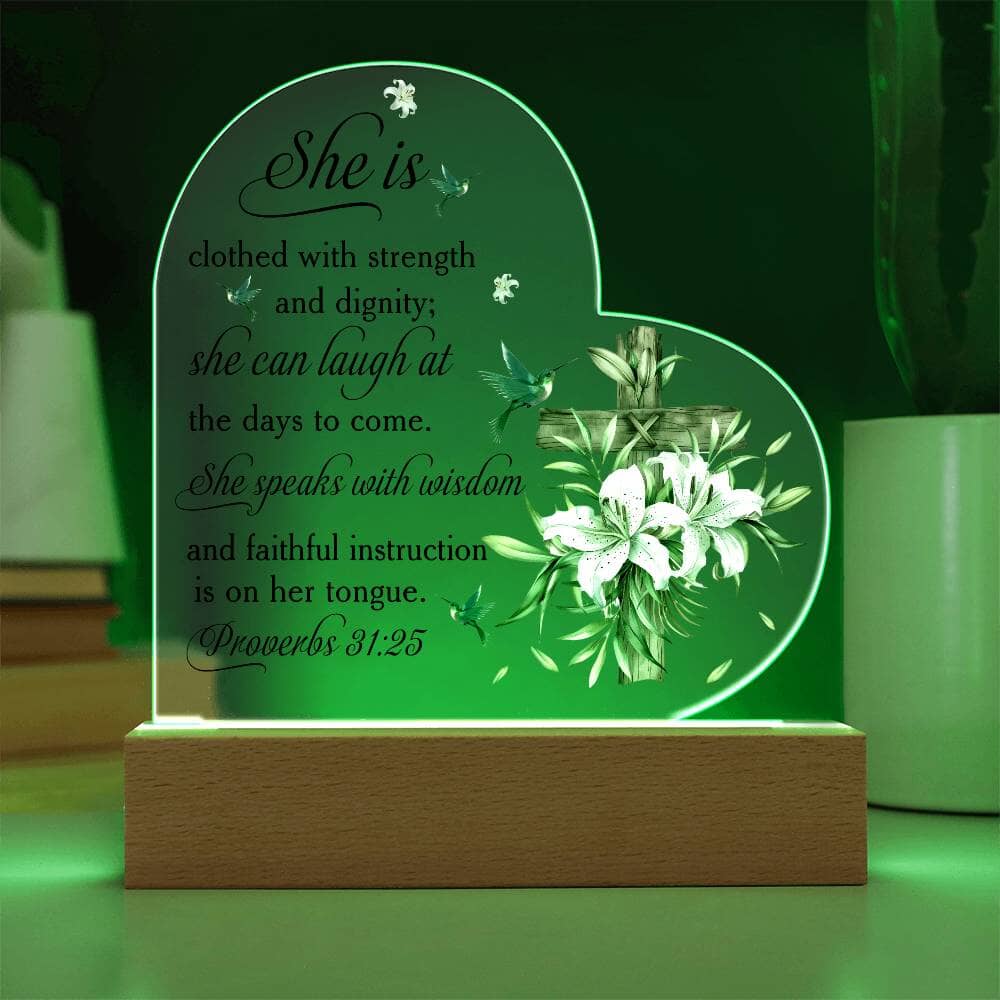 Faith - She Is Clothed And Dignity - Proverbs 31:25 - Heart Acrylic Plaque - The Shoppers Outlet