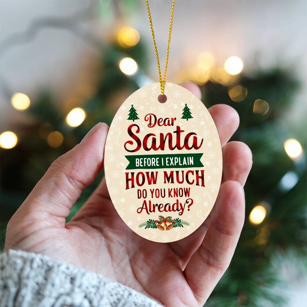 Funny - Holiday Ornament - Dear Santa Before I Explain - High Gloss Oval Ornament - The Shoppers Outlet