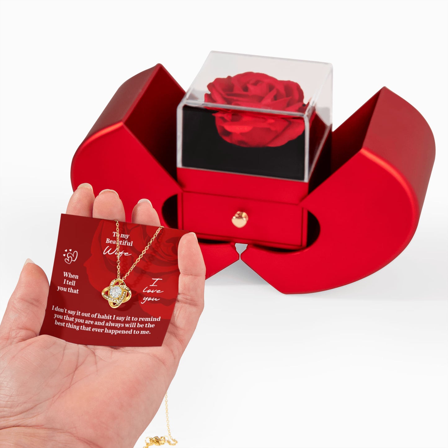 Gift For Wife - When I Tell You I Love You - Love Knot Necklace with Red Heart Rose Box