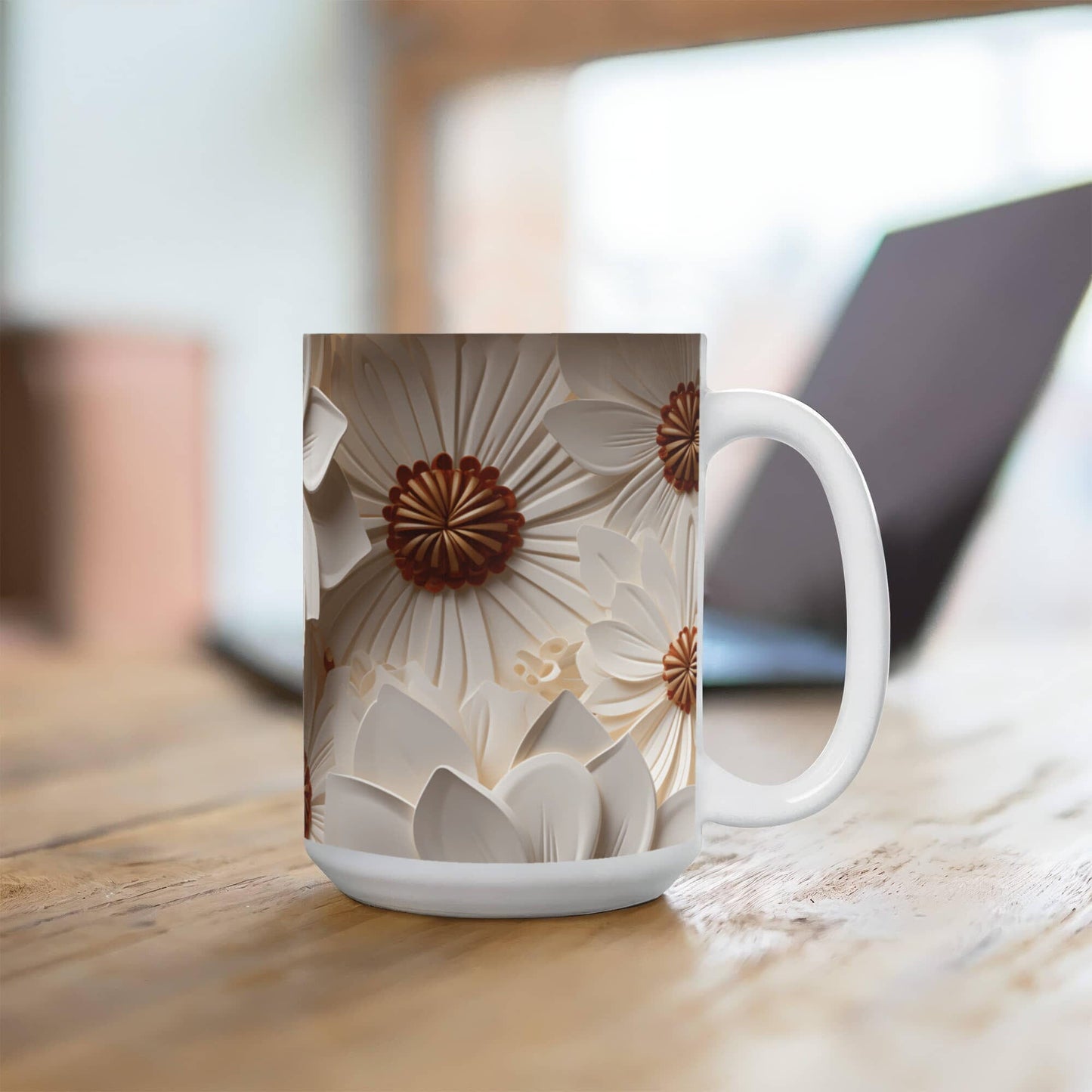 Beige Flower Design Mug - Ceramic Mug - The Shoppers Outlet
