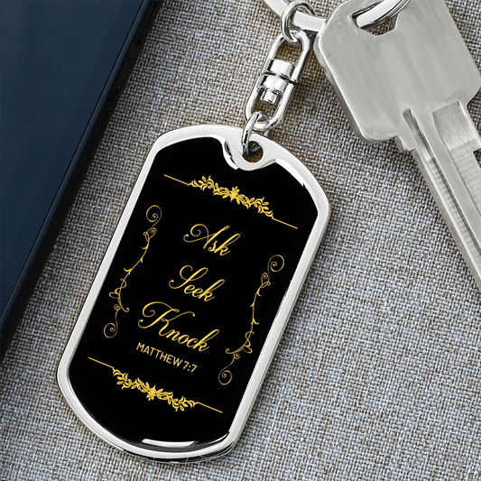 Matthew 7:7 Ask-Seek-Knock - Gold Color Print - Dog Tag Keychain - The Shoppers Outlet