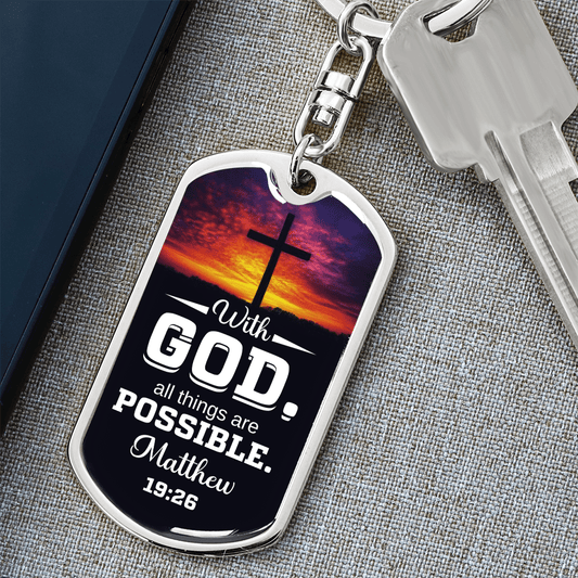 Matthew 19:26 - With GOD All Things Are Possible - Personalize - Dog Tag Keychain - The Shoppers Outlet