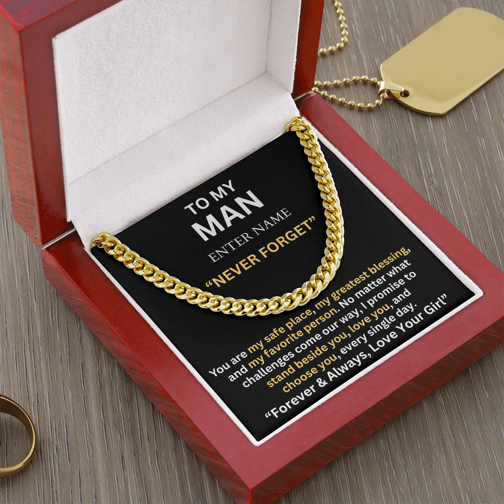 TO MY MAN - NEVER FORGET - PERSONALIZED CARD - CUBAN LINK CHAIN NECKLACES - The Shoppers Outlet