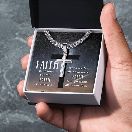 Faith - Faith Is Hope When All Is Lost - Cuban Chain With Artisan Cross Necklace - Personalization Option - The Shoppers Outlet