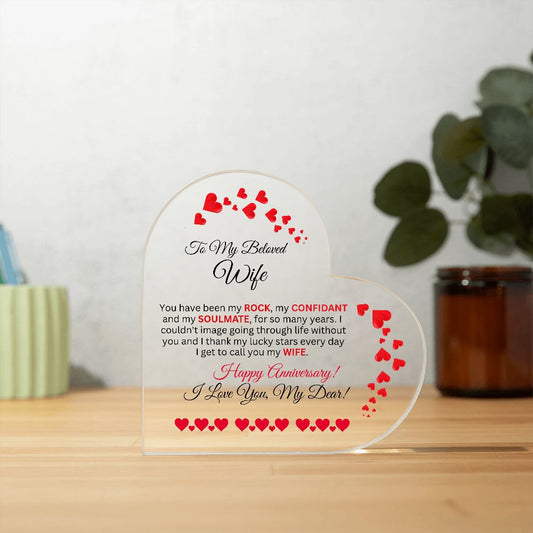 Wife - Happy Anniversary - Gift For Wife - Printed Heart Shaped Acrylic Plaque - The Shoppers Outlet