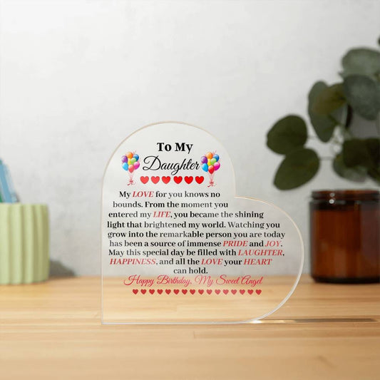 Gift For Daughter - Happy Birthday - My Sweet Angel - Heart Acrylic Plaque - The Shoppers Outlet