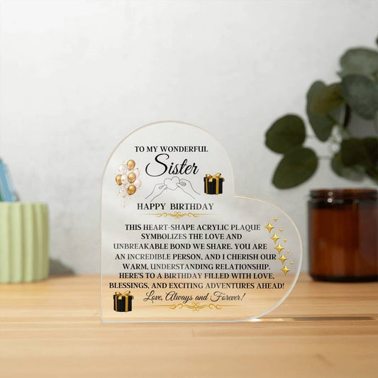 Gift For Sister - Happy Birthday - Unbreakable Bond - Heart Acrylic Plaque - The Shoppers Outlet