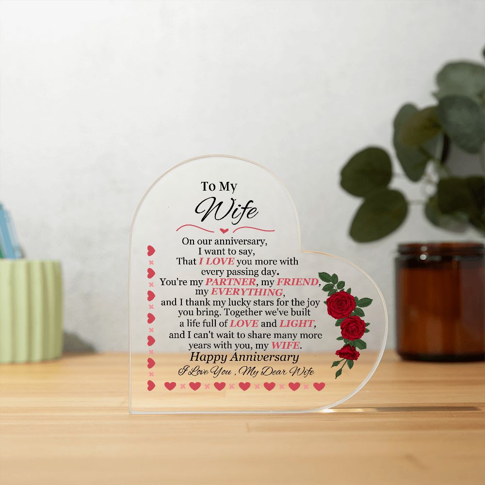 Wife - Happy Anniversary - On Our Anniversary - Printed Heart Shaped Acrylic Plaque - The Shoppers Outlet