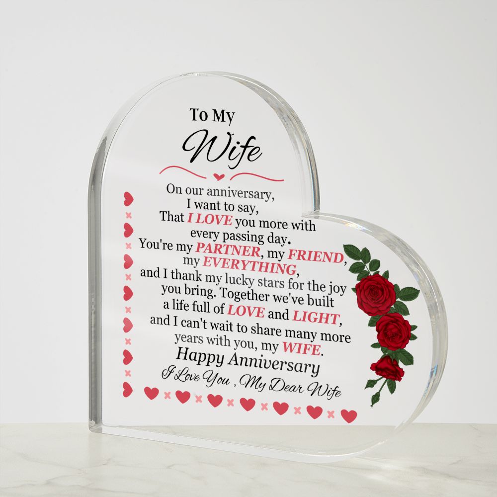 Wife - Happy Anniversary - On Our Anniversary - Printed Heart Shaped Acrylic Plaque - The Shoppers Outlet