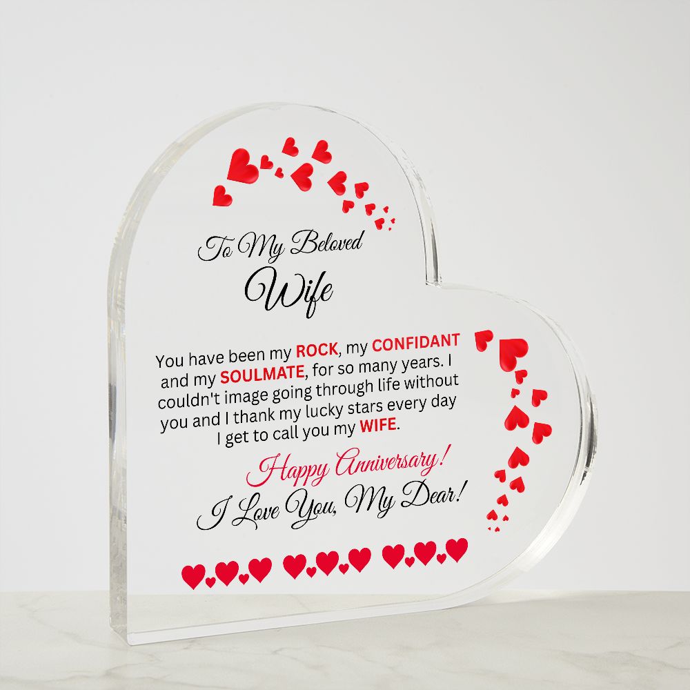 Wife - Happy Anniversary - Gift For Wife - Printed Heart Shaped Acrylic Plaque - The Shoppers Outlet