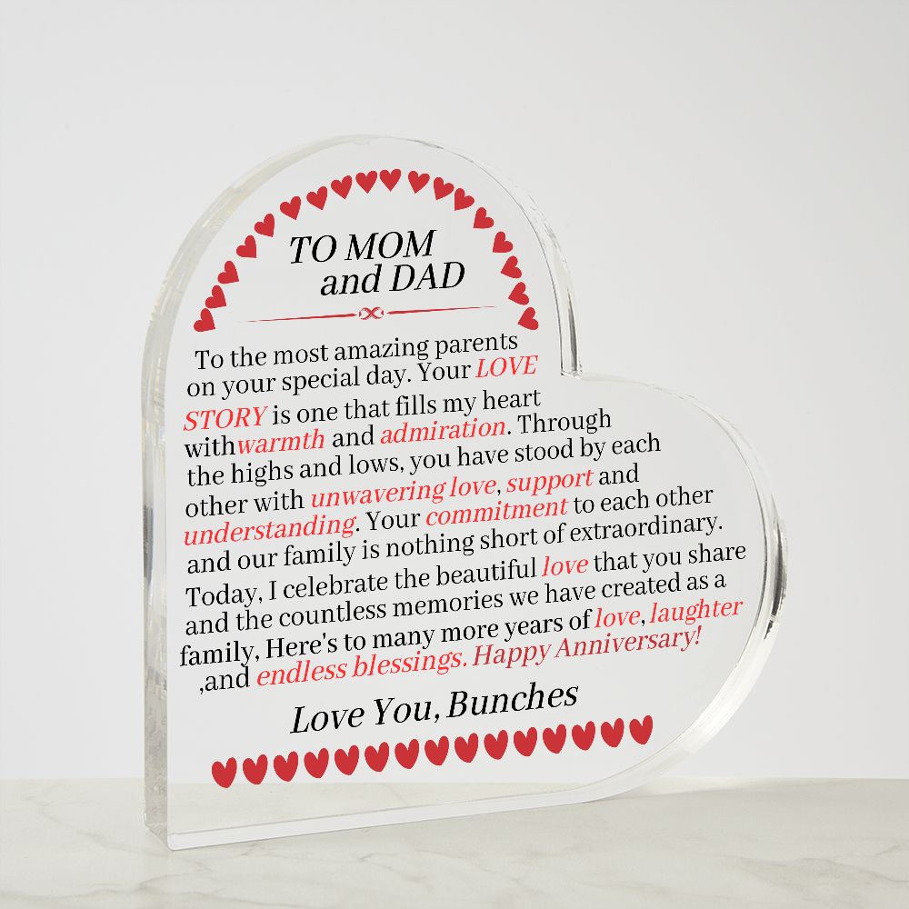 Mom & Dad - Happy Anniversary - Gift For Mom and Dad - Printed Heart Shaped Acrylic Plaque - The Shoppers Outlet