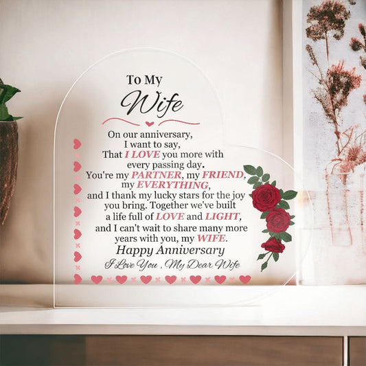 Wife - Happy Anniversary - On Our Anniversary - Printed Heart Shaped Acrylic Plaque - The Shoppers Outlet