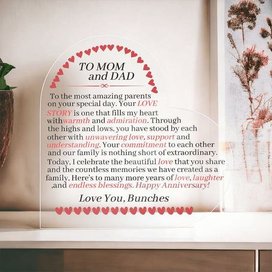 Gift For Mom & Dad - Happy Anniversary - Gift For Mom and Dad - Heart Acrylic Plaque - The Shoppers Outlet
