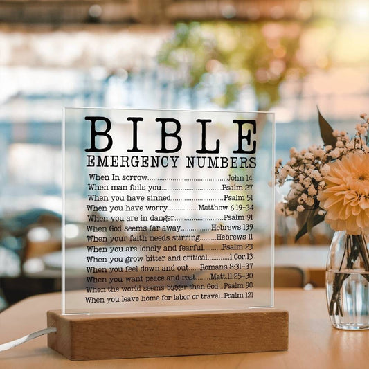 Faith - Bible Emergency Numbers - Square Acrylic Plaque - The Shoppers Outlet