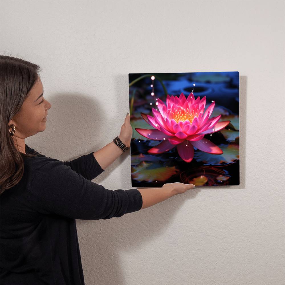 Flowers - Hot Pink Lotus Plant - High Gloss Metal Art Prints - The Shoppers Outlet