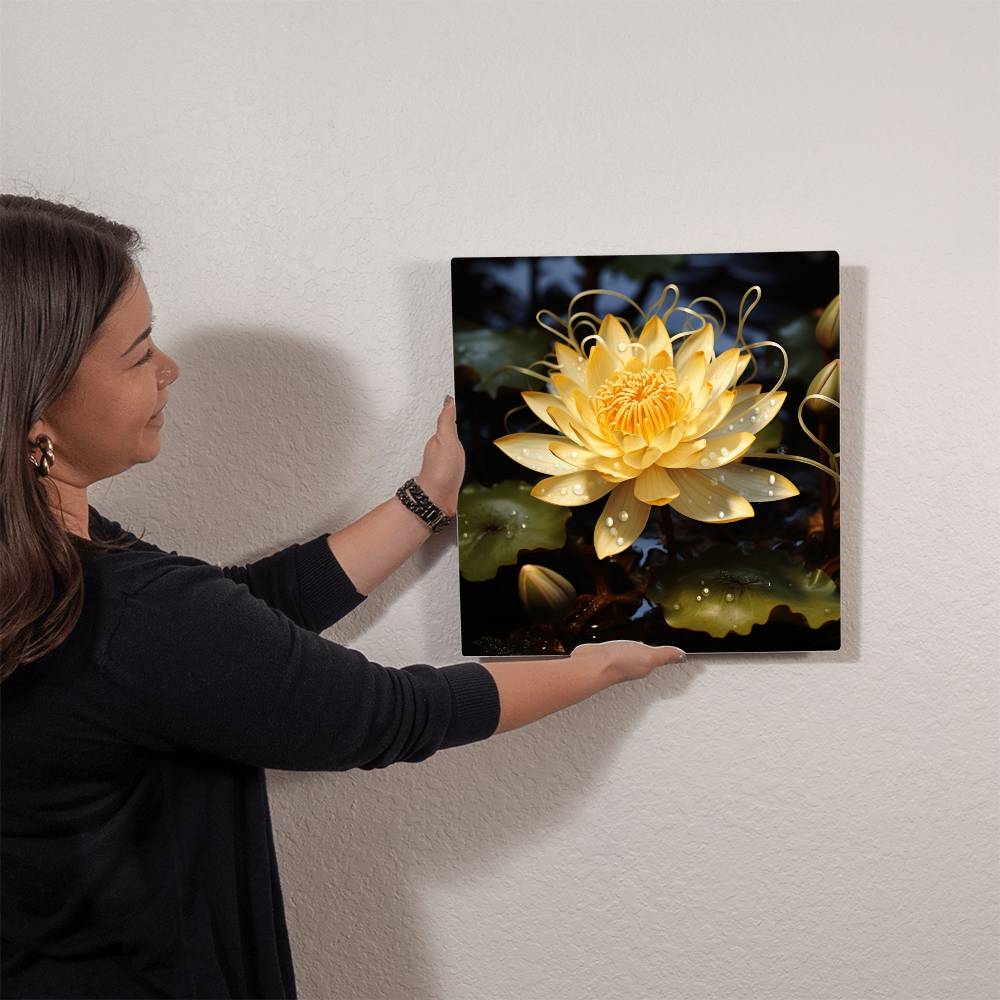 Flowers - Yellow Lotus Plant - High Gloss Metal Art Prints - The Shoppers Outlet