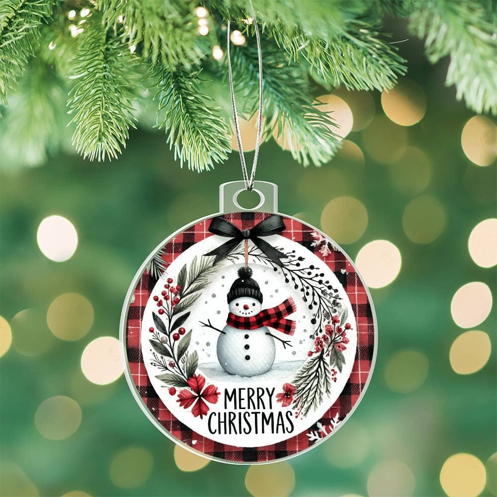 Holiday Ornament - Snowman Wreath Merry Christmas - Personalized Acrylic Ornament - The Shoppers Outlet