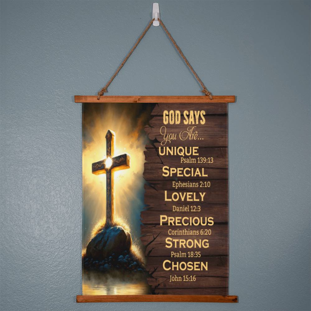 Faith - God Says You Are - Wood Framed Wall Tapestry - Vertical Design - The Shoppers Outlet