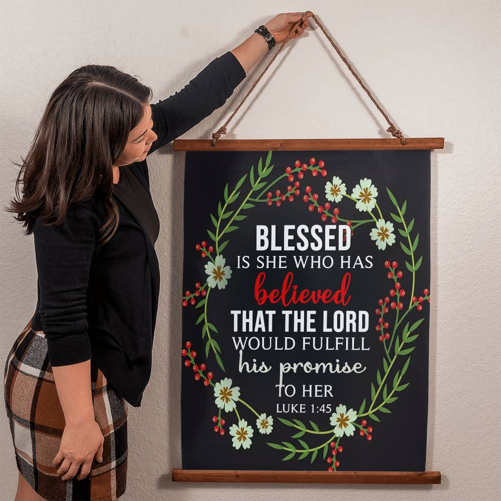 Faith - Blessed Is She Who Has Believed - Luke 1:45 - Wood Framed Wall Tapestry - Vertical Design - The Shoppers Outlet