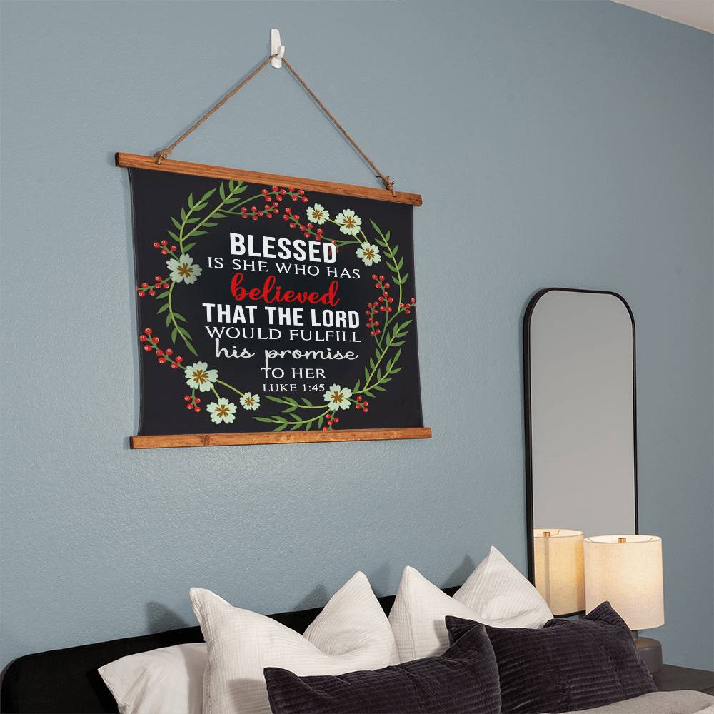 Faith - Blessed Is She Who Has Believed - Luke 1:45 - Wood Framed Wall Tapestry - Horizontal Design - The Shoppers Outlet