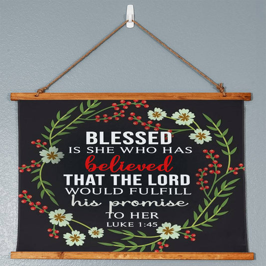 Faith - Blessed Is She Who Has Believed - Luke 1:45 - Wood Framed Wall Tapestry - Horizontal Design - The Shoppers Outlet