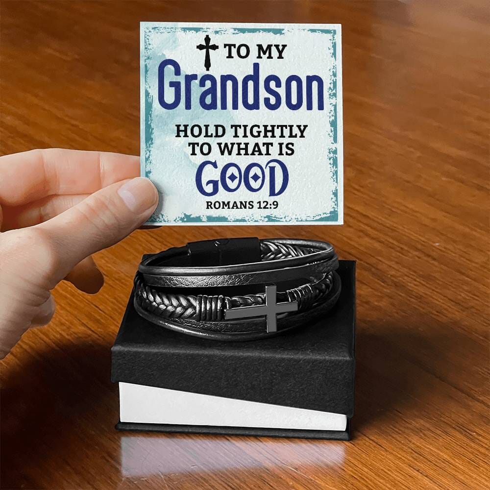 Faith - Grandson - Hold Tightly To What Is Good  - Romans 12:9 - Men's Cross Leather Bracelet - The Shoppers Outlet