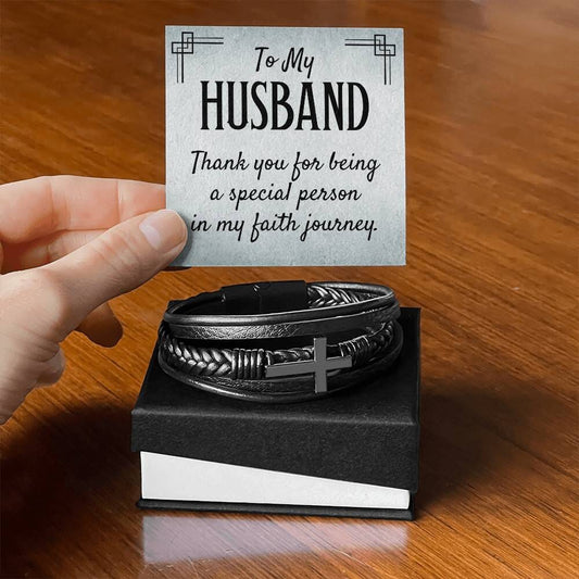 Gift For Husband -Faith - Thank You For Being A Special Person - Men's Cross Leather Bracelet - The Shoppers Outlet