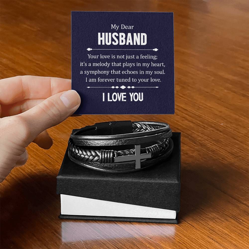 Husband - I Love You - Men's Cross Leather Bracelet - The Shoppers Outlet