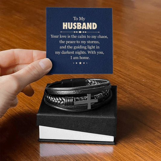 Gift For Husband - With You I Am Home - Men's Cross Leather Bracelet - The Shoppers Outlet