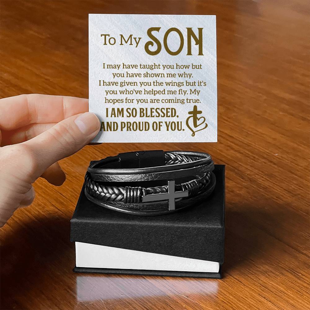 Son - I Am So Blessed And Proud Of You - Men's Cross Leather Bracelet - The Shoppers Outlet