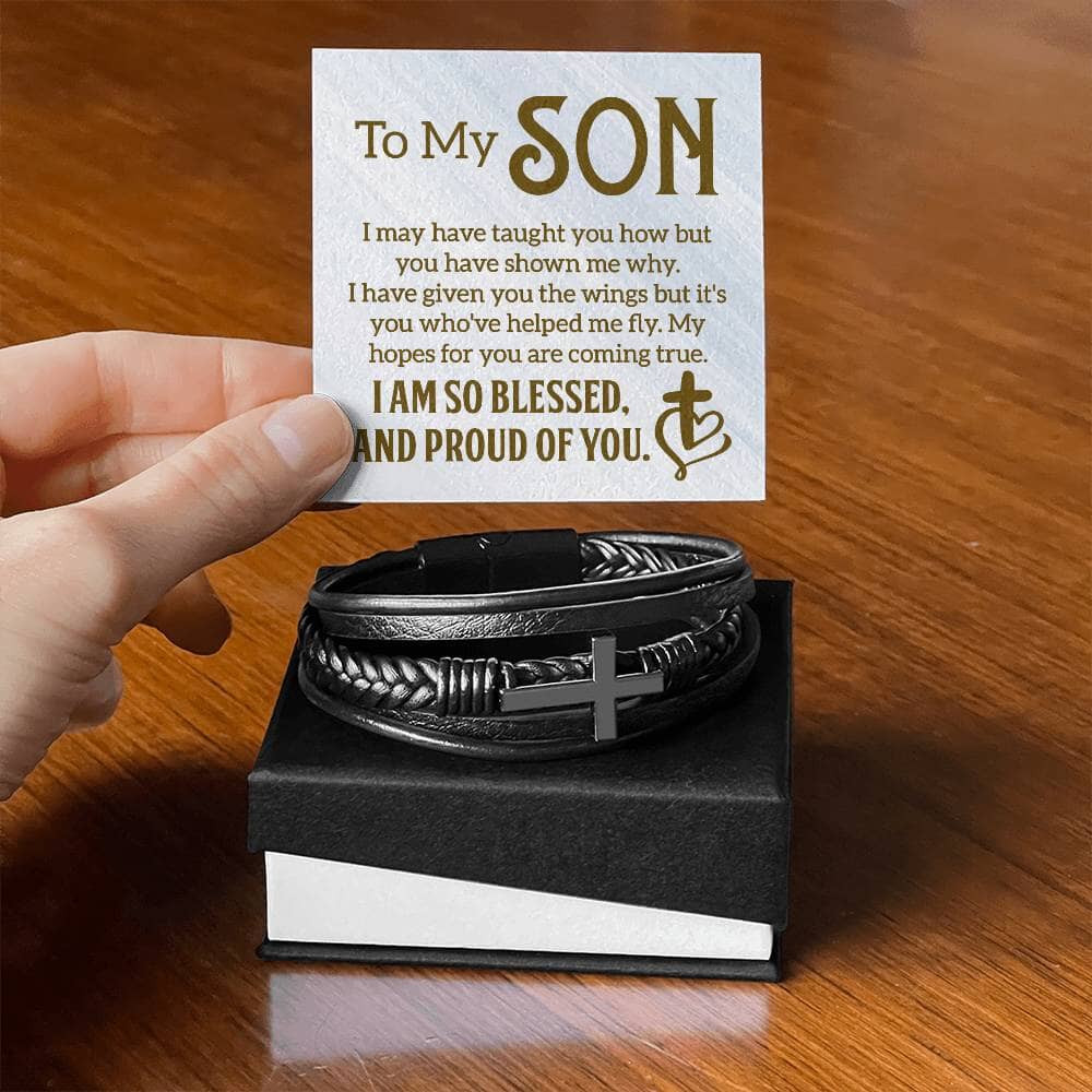 Gift For Son - I Am So Blessed And Proud Of You - Men's Cross Leather Bracelet - The Shoppers Outlet